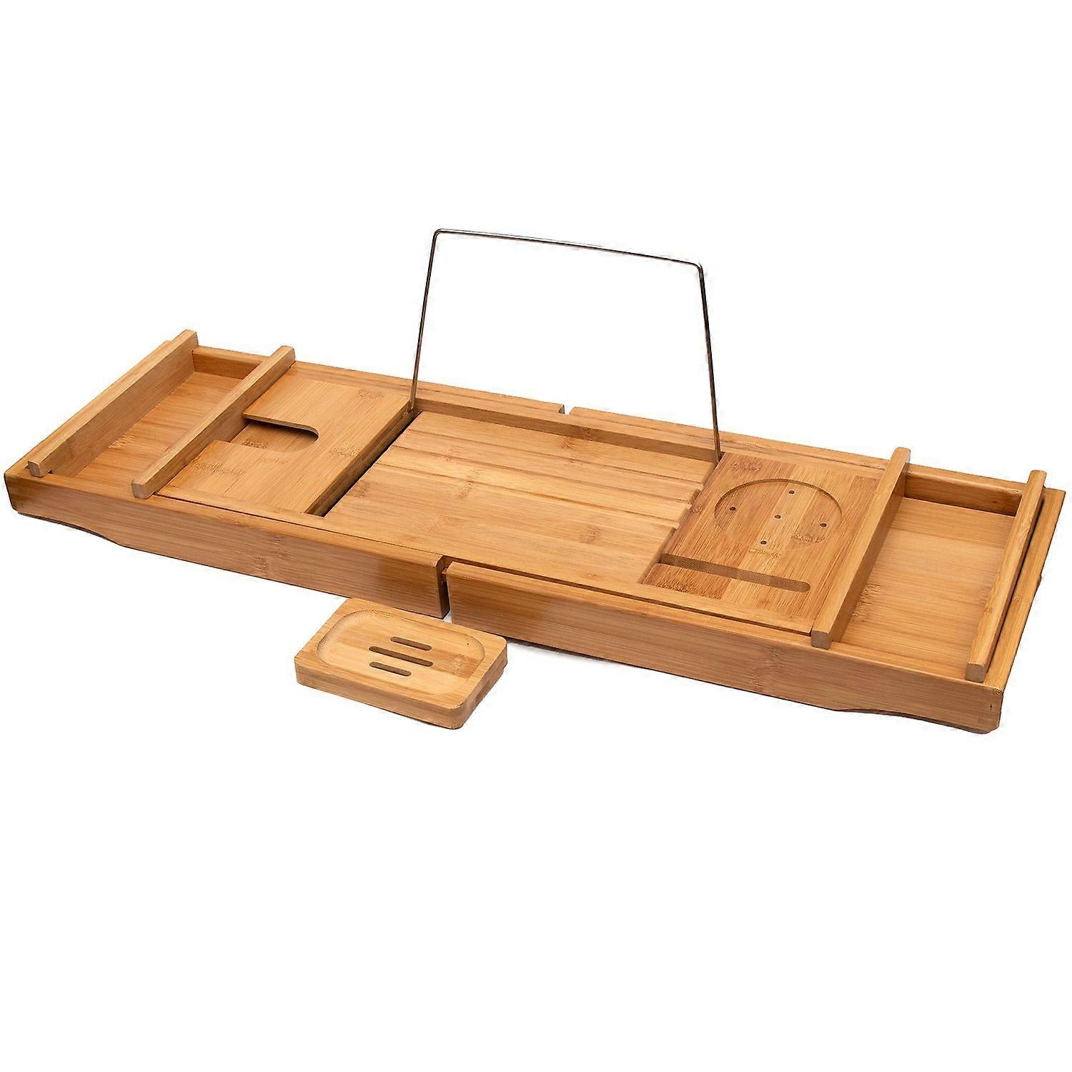 Bathtub shelf made of sustainable bamboo - Adjustable / extendable support with soap dish - Holder for books Candle wine glass Telephone Bathtub tray