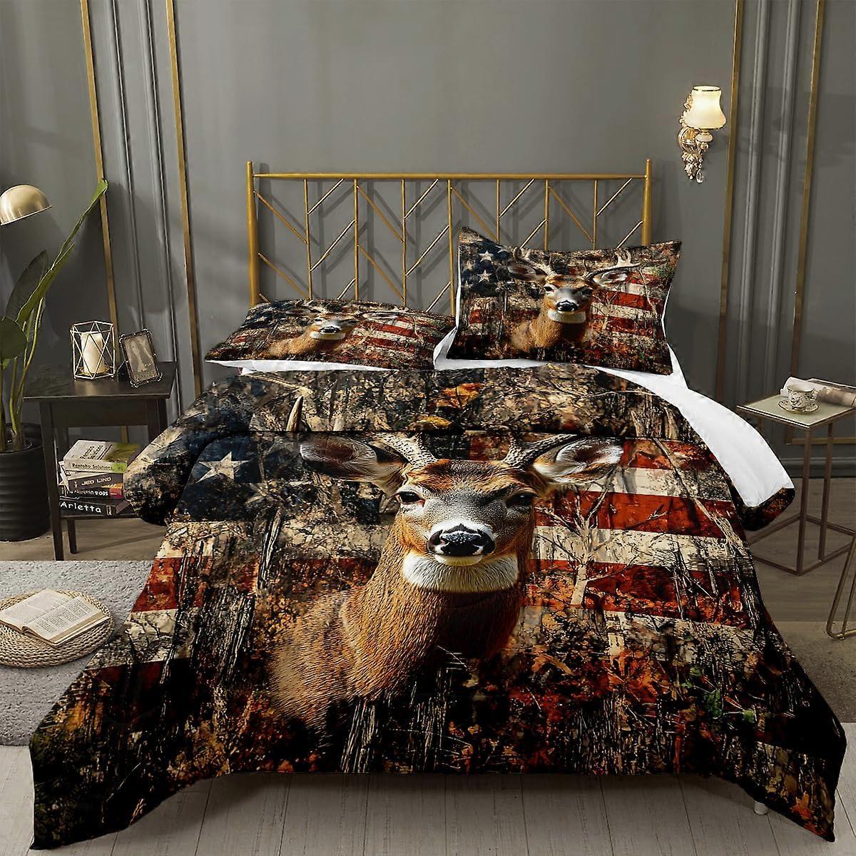 Deer Comforter Set Full Size with American Flag Camo Wildlife Design, Breathable Microfiber