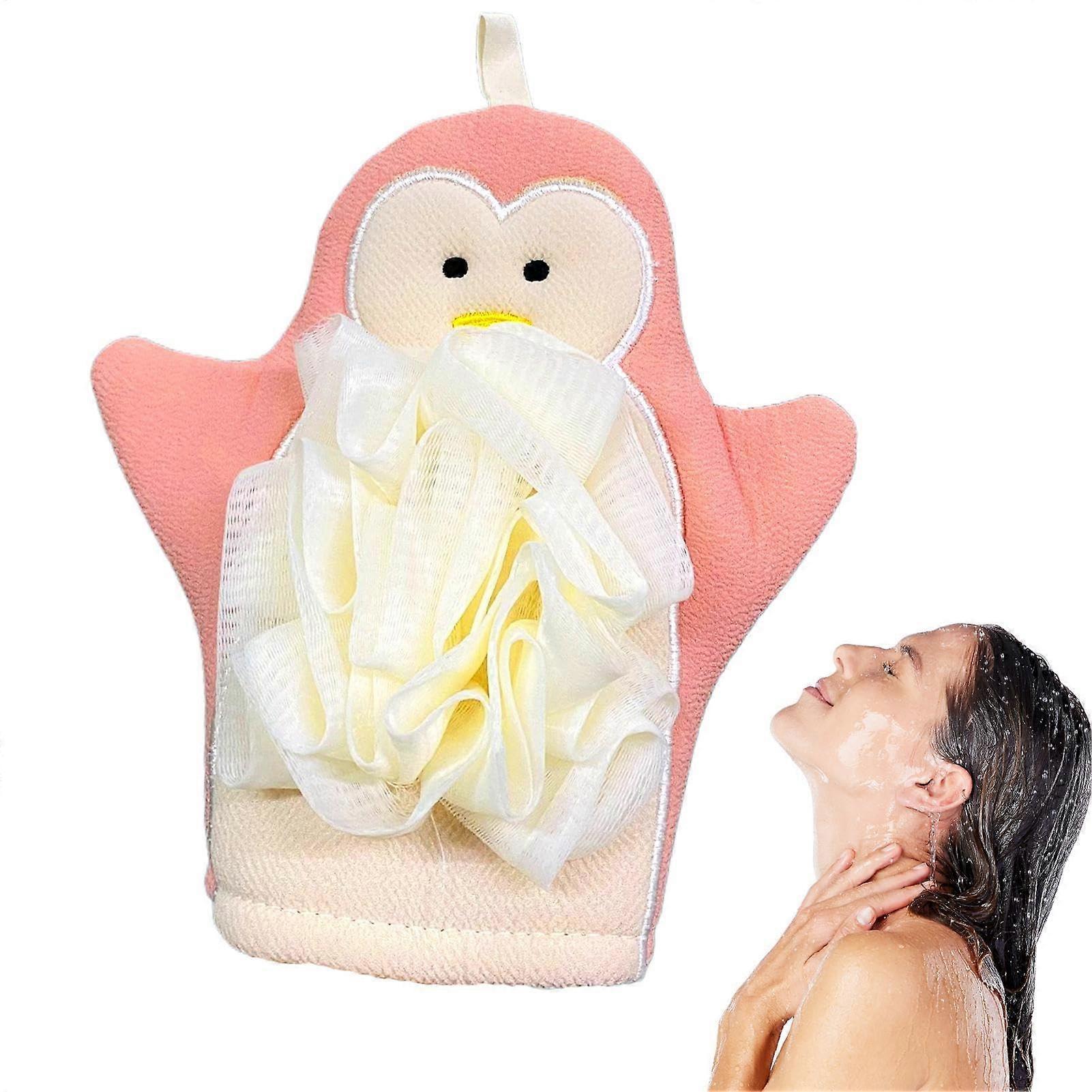 Exfoliating Gloves with Gentle Deep Cleansing, Rich Foaming Body Scrubber Mitts for Sensitive Skin, Pink Penguin Design
