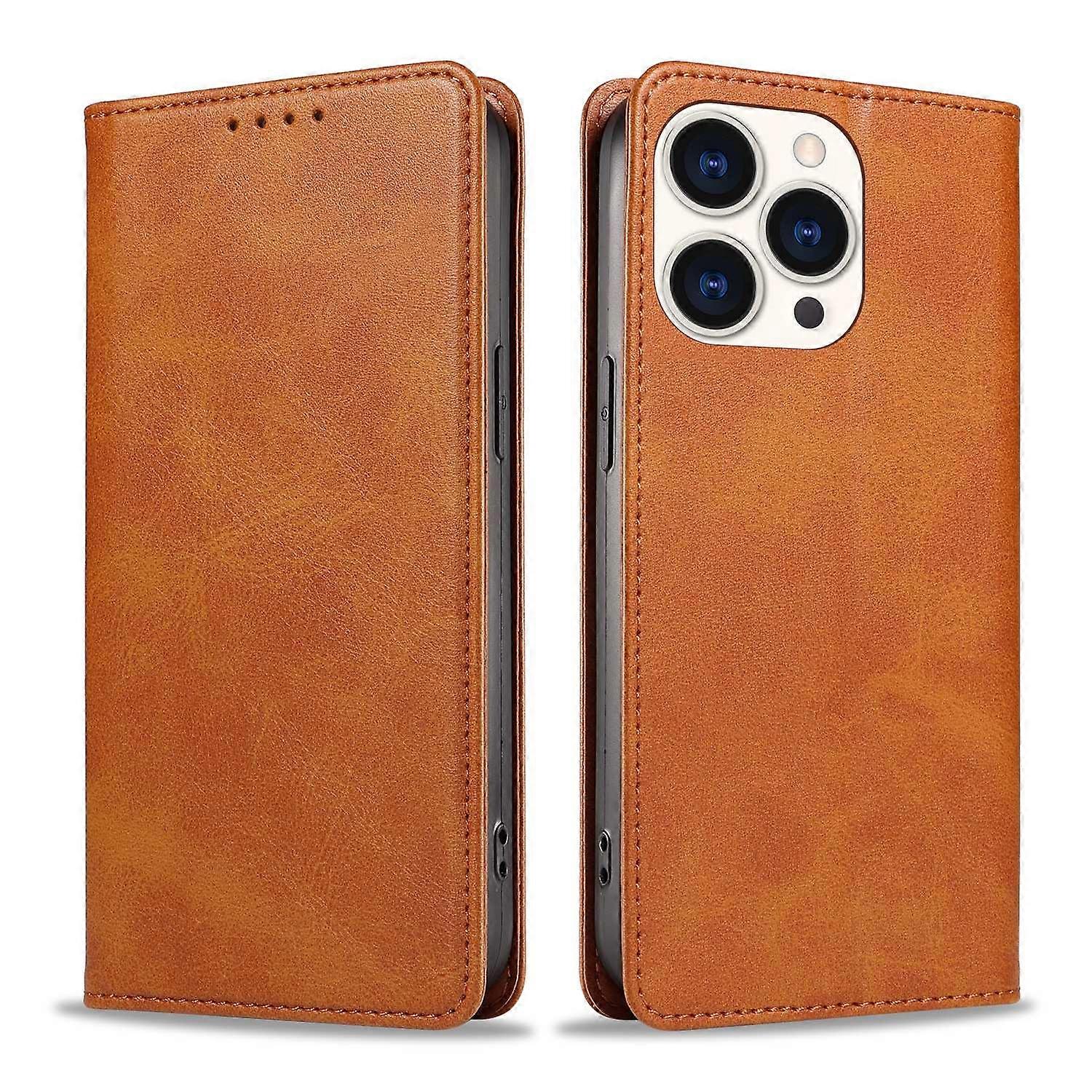 Case For Iphone 13 Pro Khaki Magnetic Leather Calf Pattern Flip No12418