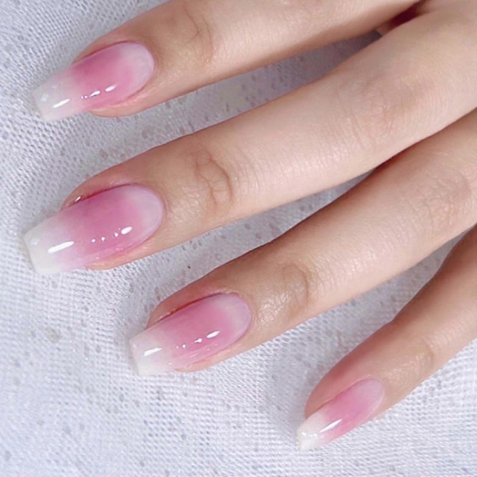 Coffin Press On Nails Gradient Pink Medium Full Cover Acrylic False Nail Set 24PCS Reusable