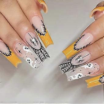 Halloween Press On Nails with Cute Ghost and Spider Web, Yellow French Tips, Extra Long Full Cover