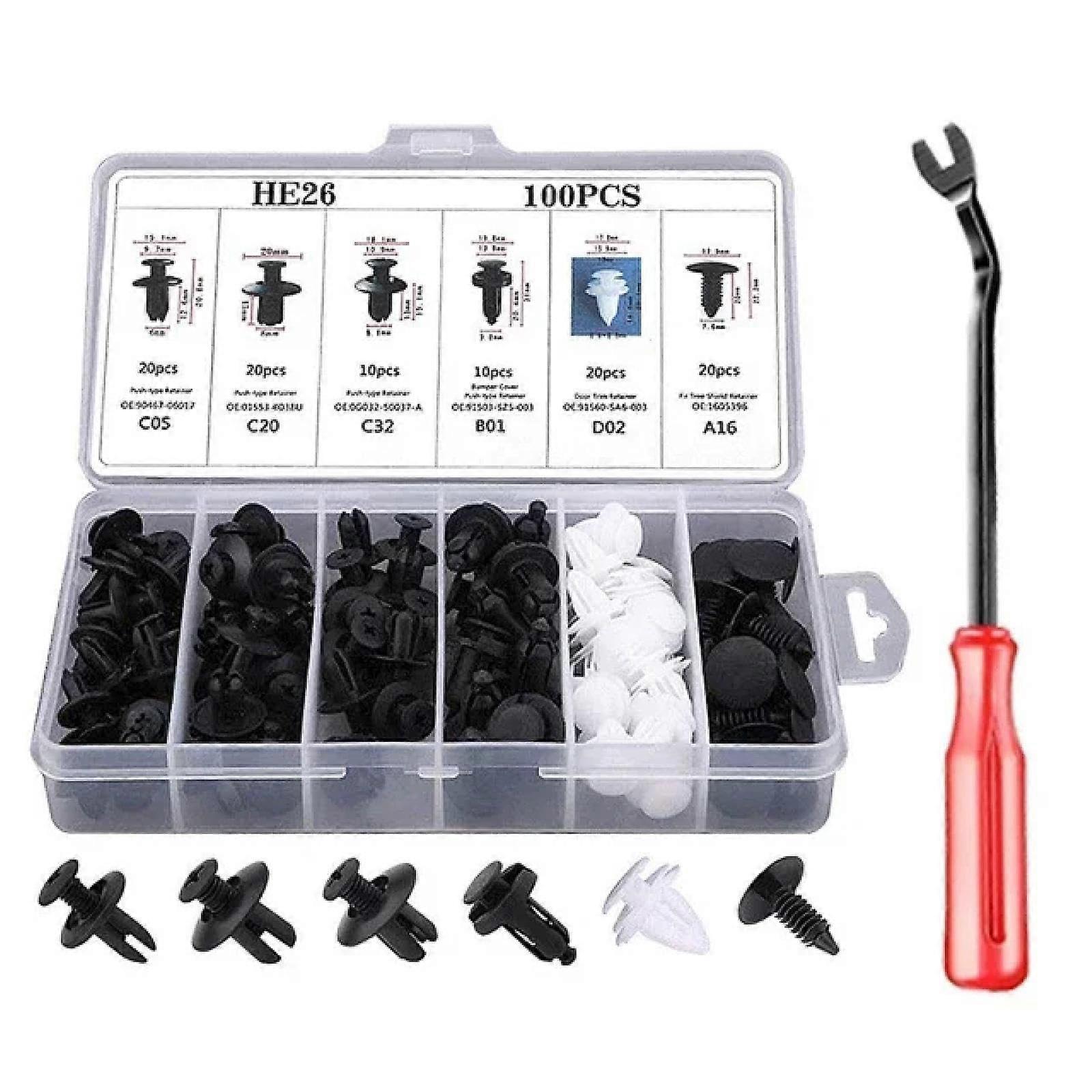 Car Retainer Clips Set 100Pcs MultiSize Plastic Rivets with Removal Tool for Auto Bumper and Interior Trim
