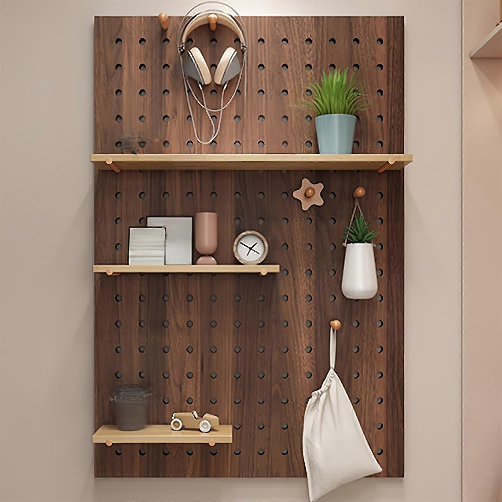 Wooden Pegboard Wall Mounted Organizer 60x80cm Solid Wood with Adjustable Shelf Layout Brown