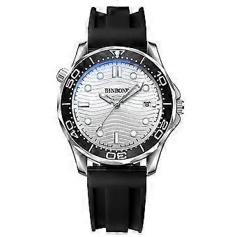 Lichtgevend, waterdicht herenhorloge met quartz uurwerk (30 m), stijl: zwart siliconen, wit staal, wit