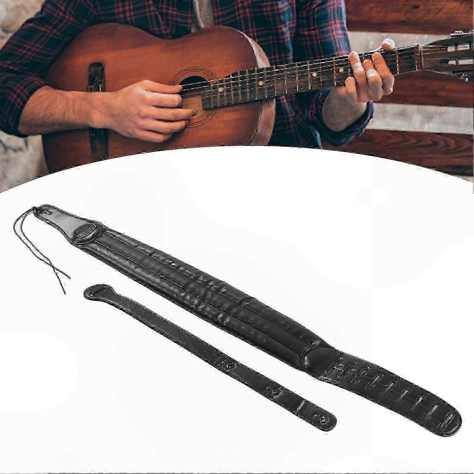 Adjustable Black Leather Guitar Strap with Pearl Cotton Padding
