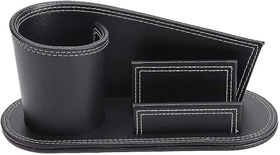 Multifunctional Desktop Pencil Holder,pu Leather Box,round,black