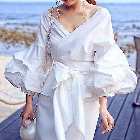 Lantern Sleeve Bow High Waist Sexy Shirt