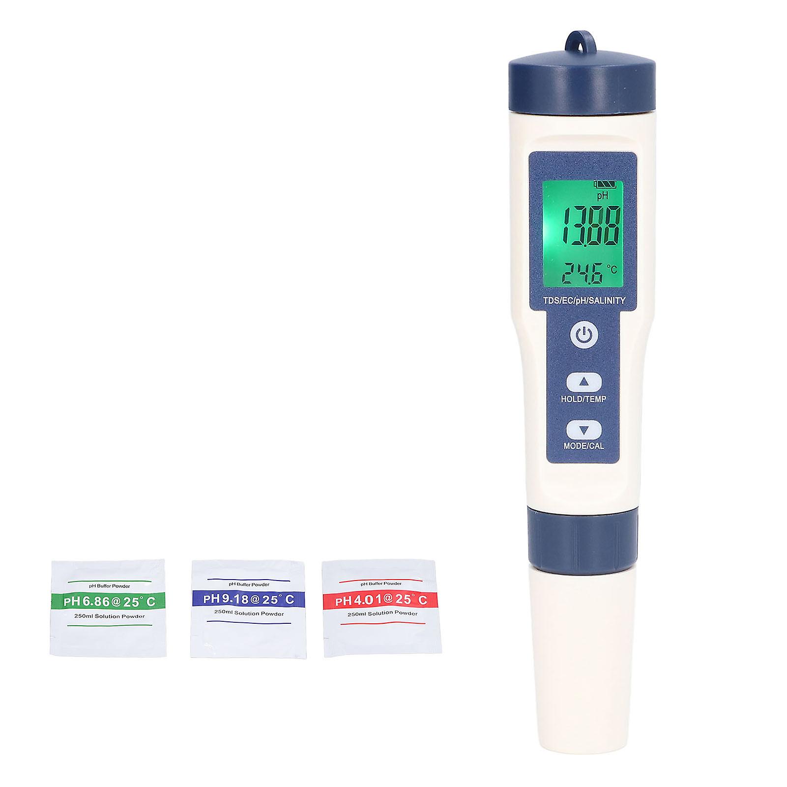 Tester portatile 5 in 1 per la qualità dell'acqua Misuratore di temperatura TDS Monitor di pH per salinità EC con retroilluminazione Alta precisione Include polveri di calibrazione Compact D