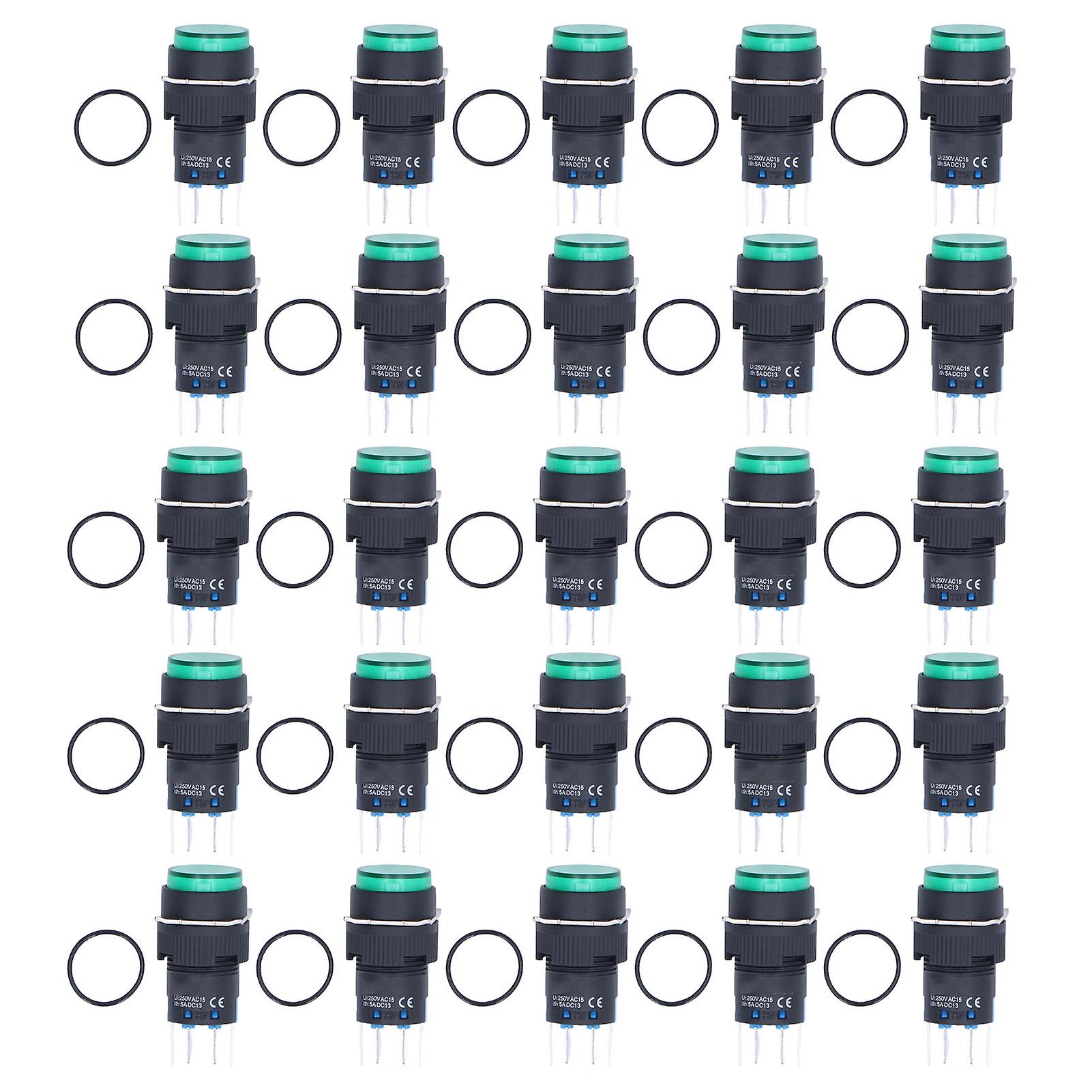 Ouitble Button Switch 25pcs Button Switch Momentary Self Locking 8 Pin 16mm Round with Light 12V for Control, Green