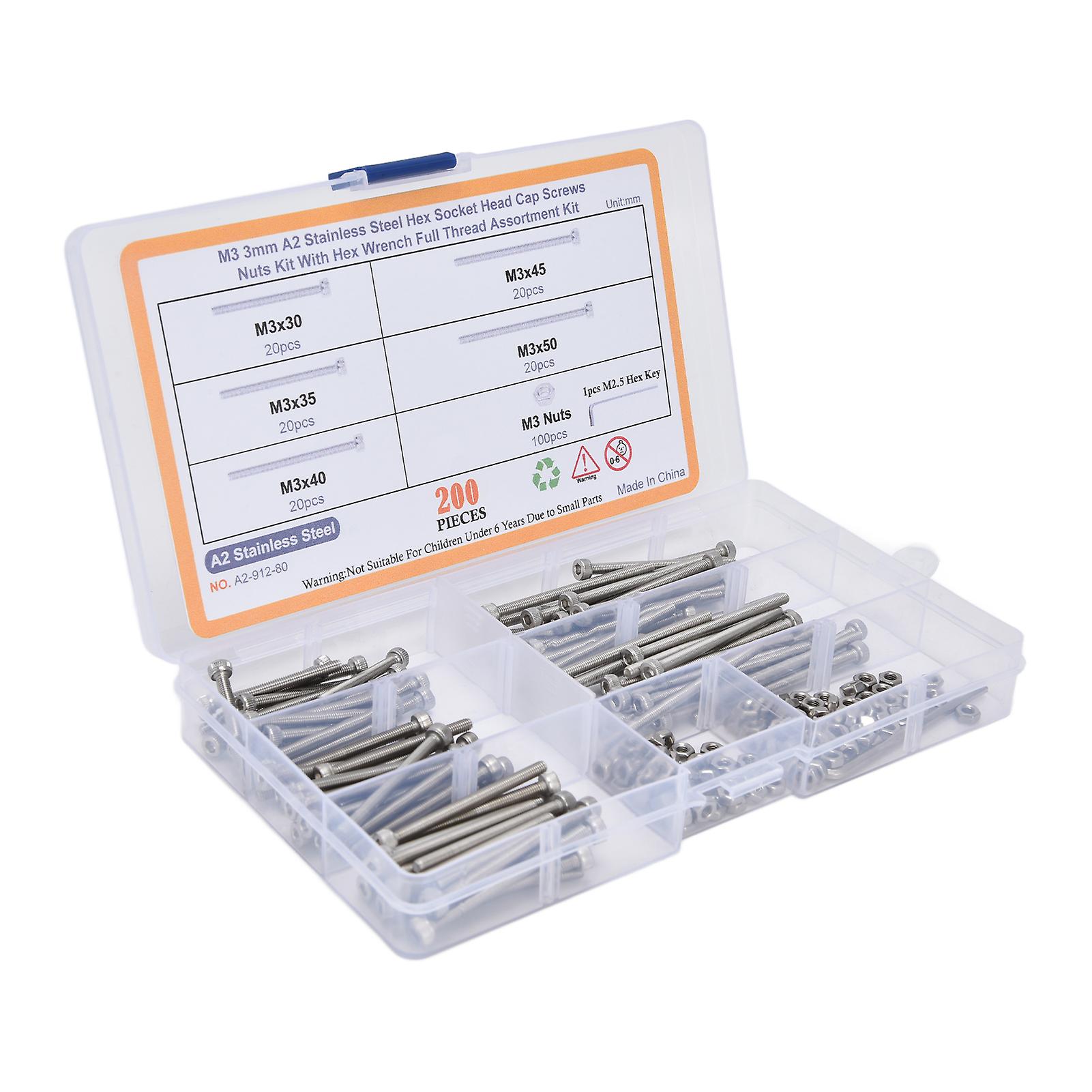 200pcs Hex Nut Bolt Assortment Kit Hex Socket Head Cap Screws Assortment Set with Wrenches for IndustryA2 Stainless Steel 