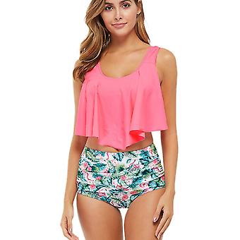 Veeki Swimsuits for Women Two Piece Bahting Suits Double Ruffled Swim Top High Waisted Bottoms Swimswear Bikini, Pink, S