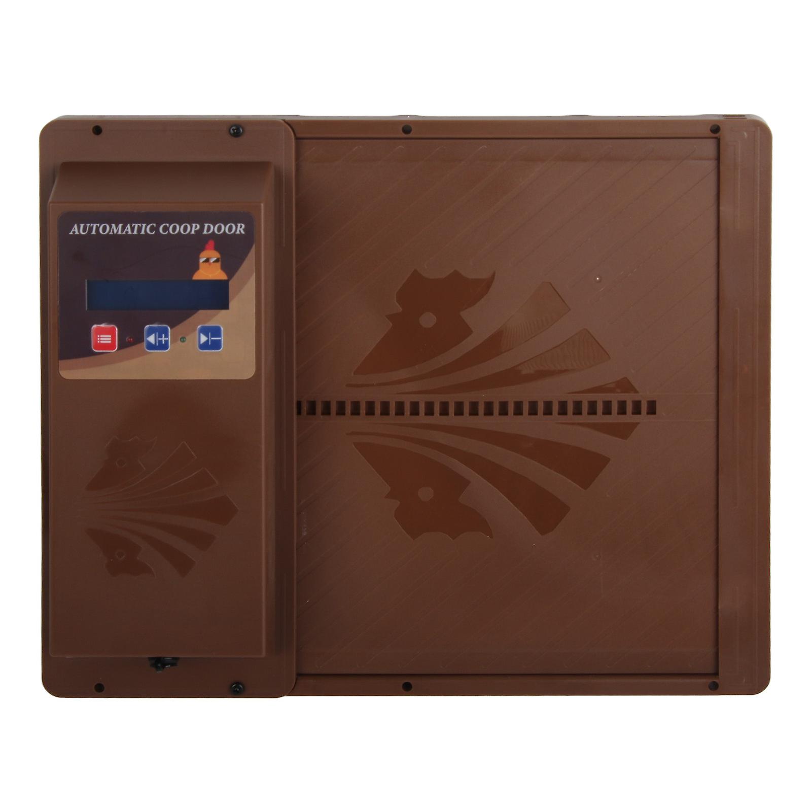 USB Solar Powered Automatic Chicken Coop Door Opener with Timer Programmable LED Display 3 Power Supply Modes Horizontally Open Type Brown