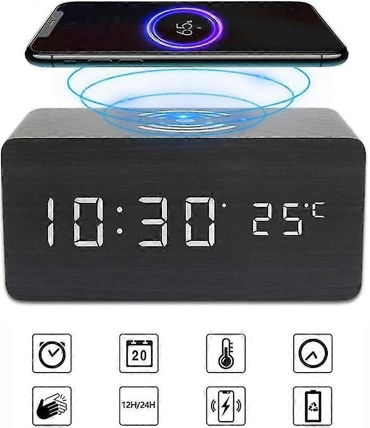 Digital Alarm Clock Desktop Wooden LED Wireless Charging Alarm Clock with Date/Time/Temperature Adju