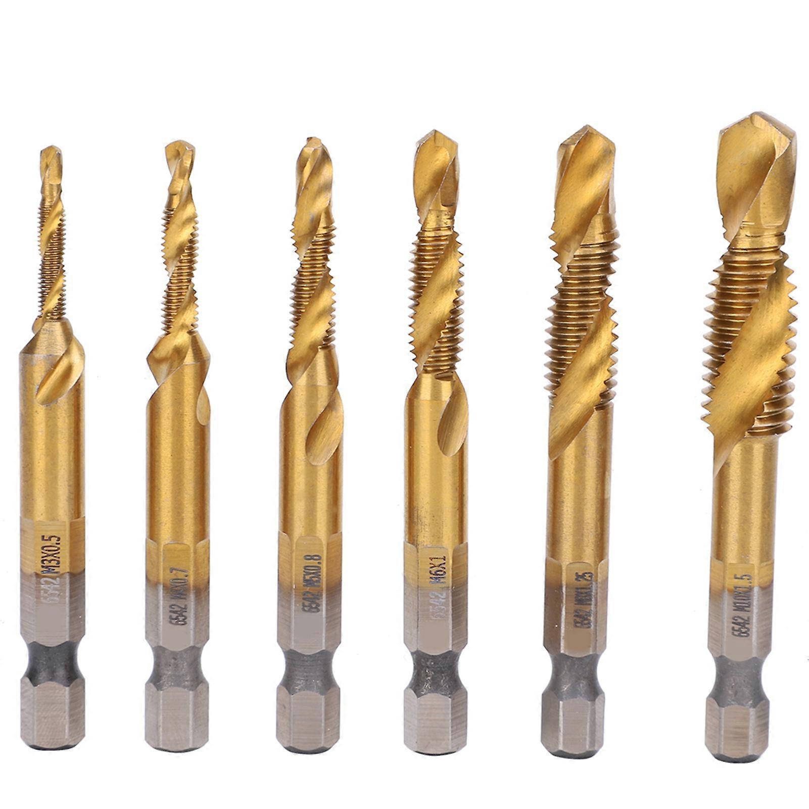 6Pcs HSS Tap Drill Bits Set High Speed Steel Titanium Coated Hex Shank Thread Hand Tool M3?M10