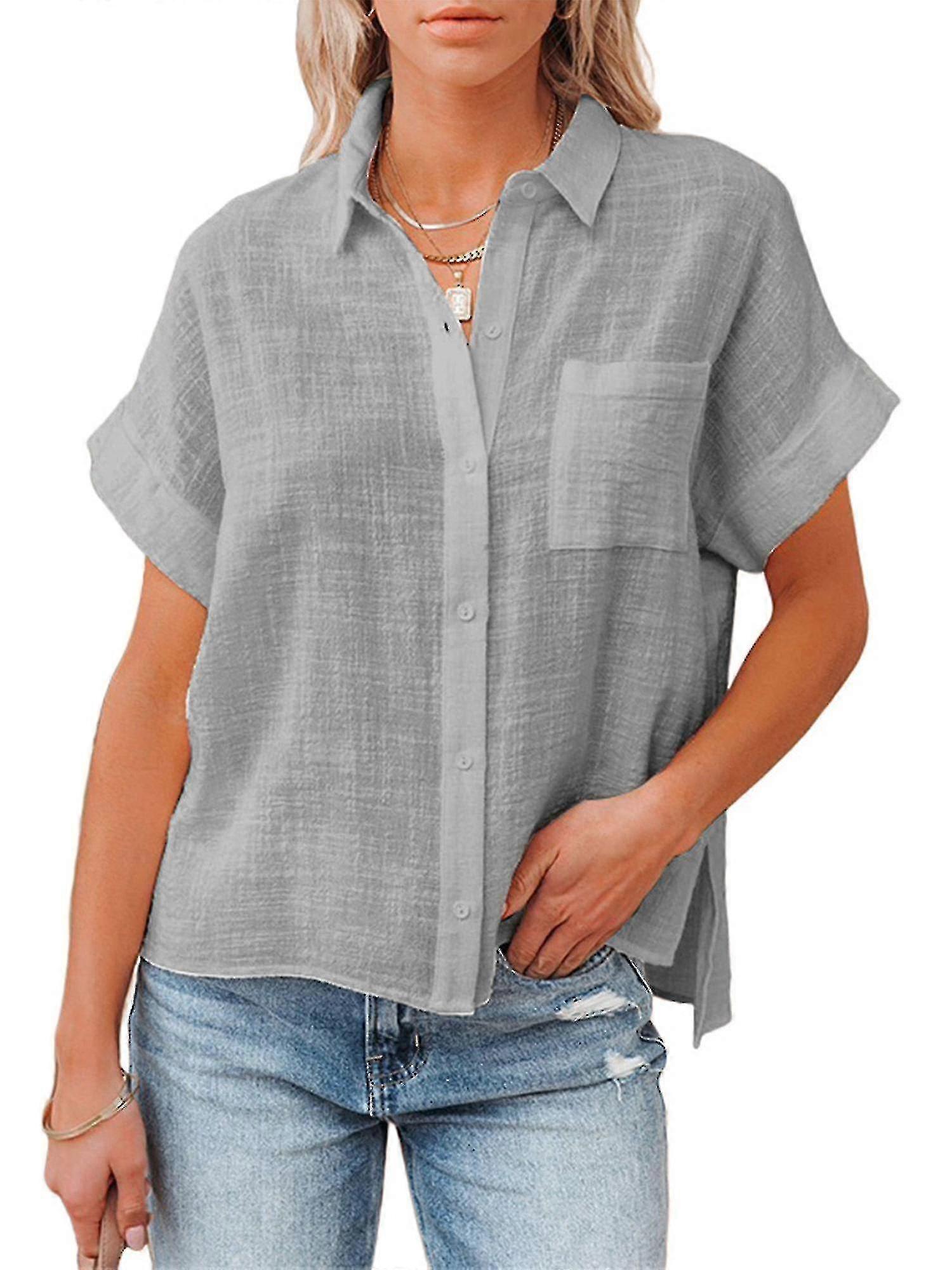 Dam Linne Bomullsskjorta Kortärmad Lapel Button Placket