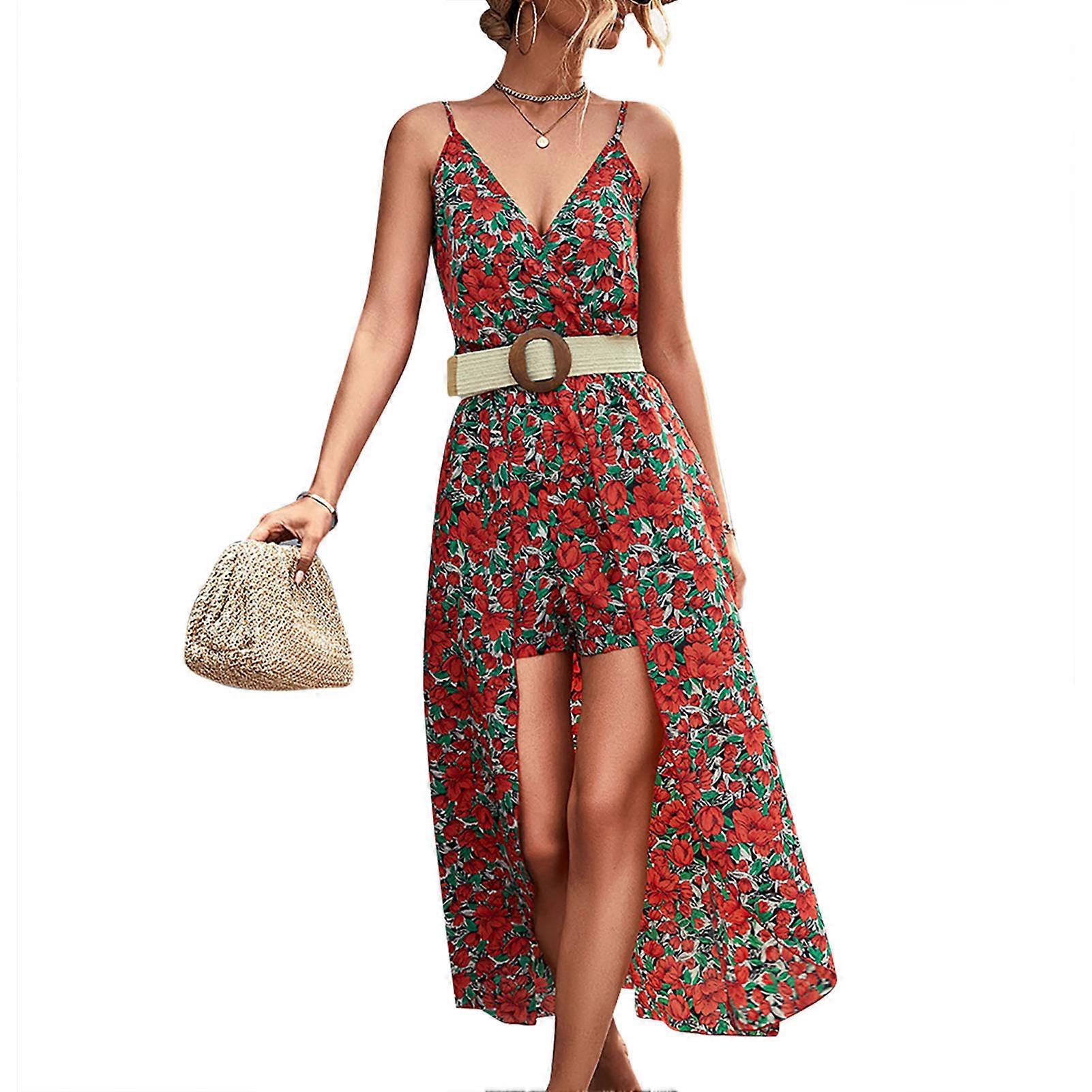Macacão com Decote em V com Alça de Espaguete Estampa Floral Cintura Elástica Irregular Painel Bainha Mulheres Macacão Macacão de Verão Vermelho S