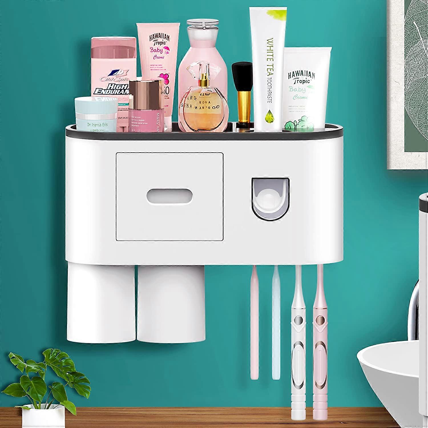 Automatic Toothpaste Dispenser Wall-Mounted Squeezer Kit with Toothbrush Holder, 4 Toothbrush Slots with Lid, Multi-Function Toothbrush Organizer (2 C