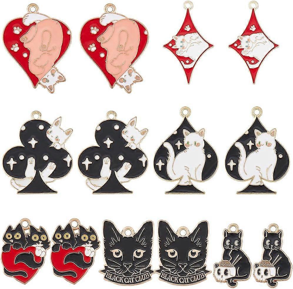 1Box 28Pcs 7Styles Enamel Cat Charm Bulk Playing Card Charms Small Animal Kitty Head Skull Poker Charm
