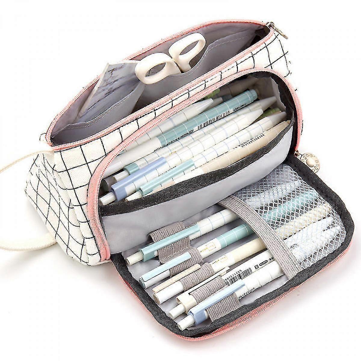 Simple Large Box Pattern Canvas Multi-layer Large Capacity Stationery Pencil Case