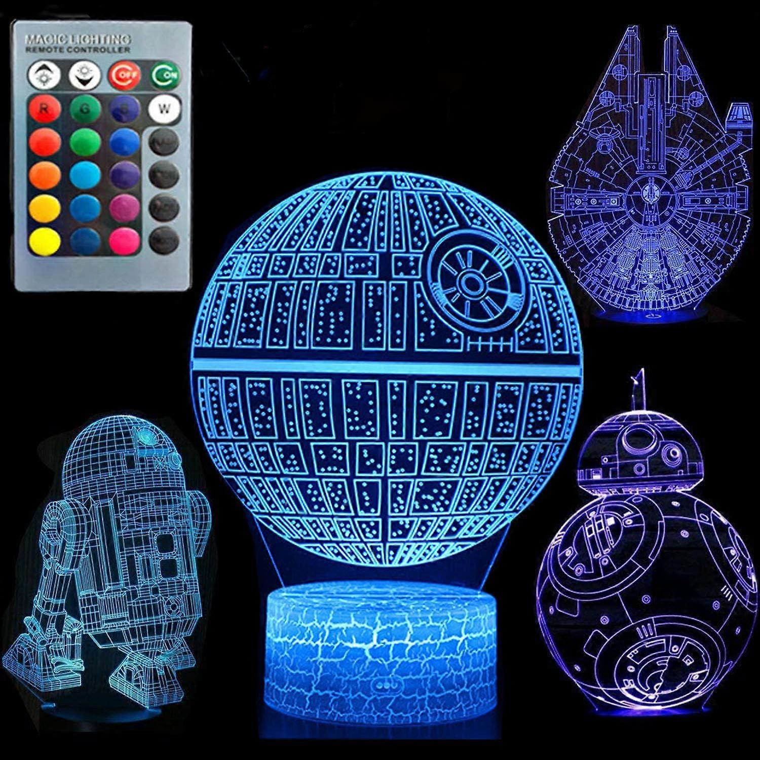 XYC 3D Illusion Star Wars Veilleuse Quatre Motif Étoile de la Mort/Faucon Millenium/R2 D2/BB-8 Interstellar 7 Couleur Changement Décor Lampe Bureau Veilleuse Lam