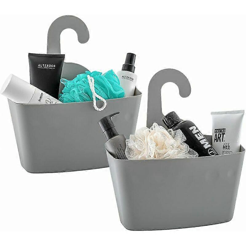 Gray Plastic Hanging Shower Caddy, 2 Home Storage Baskets with Hook, Drill-Free and Tool-Free Installation