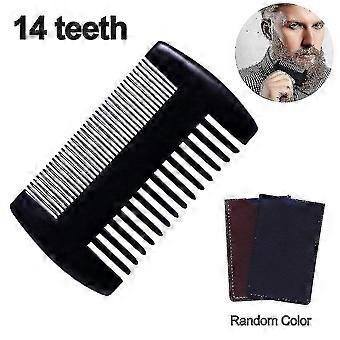 Peigne à moustache à 14 dents avec étui en cuir Kit de toilettage de barbe en bois de poche avec dents fines et grossières à double action Fonctionne