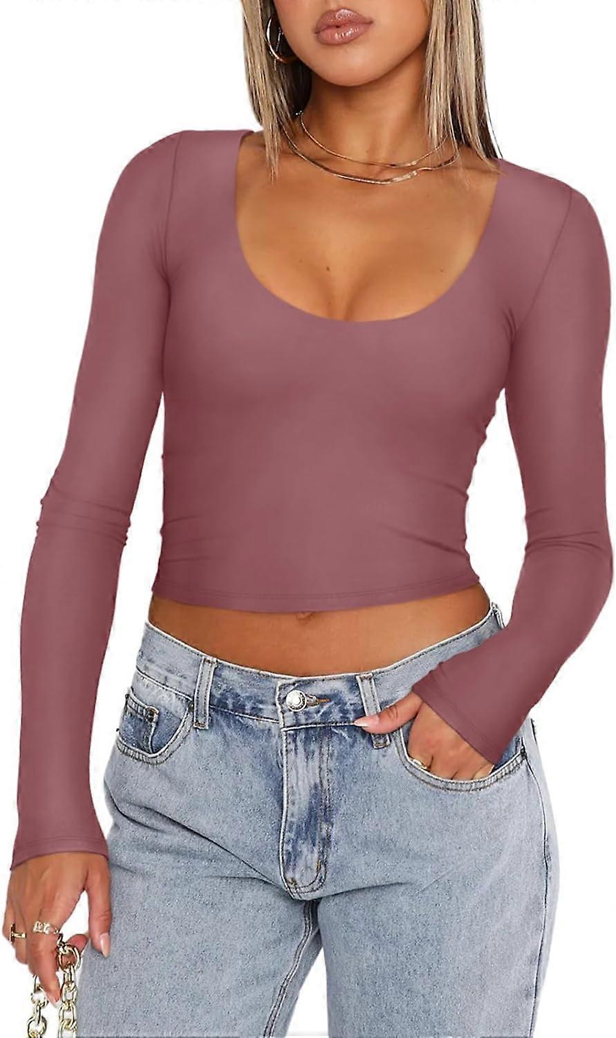 Women's Casual Scoop Neck Double Lined Long Sleeve Slim Fitted Tshirts Workout Crop Tops