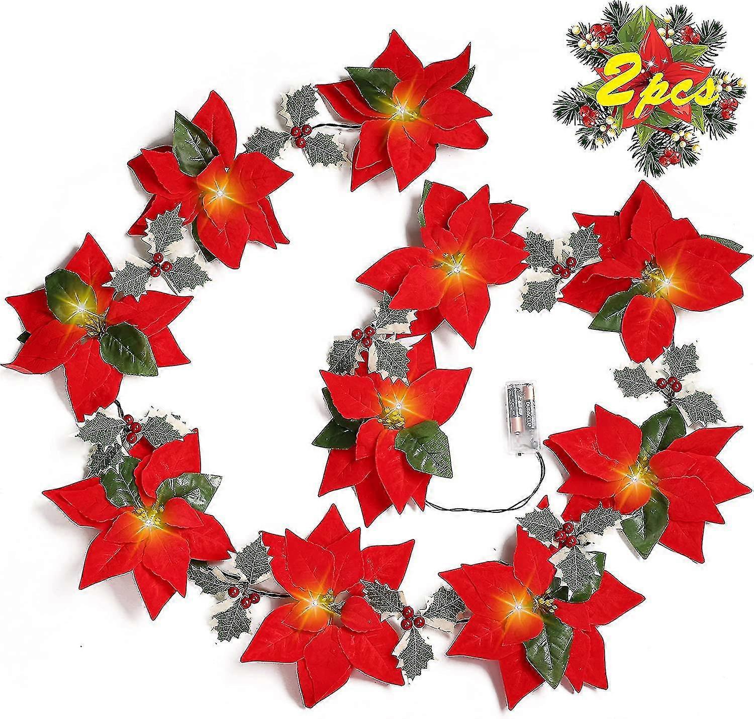 2Pcs Flower Decorations String Lights - 13Ft Artificial Christmas Tree Ornaments For Party Decor, (Batteries Not Included)