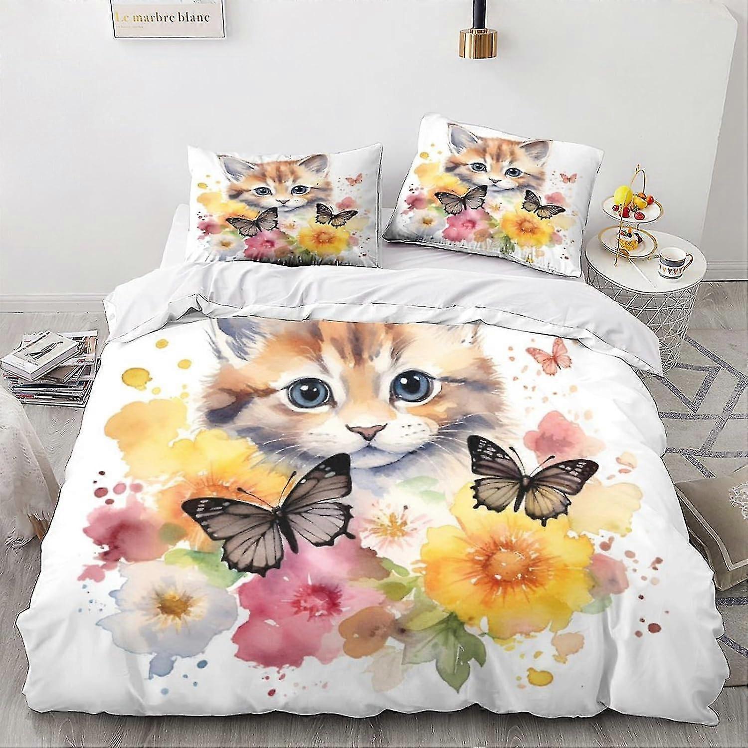 o4898 Prześcieradła Kot 3D Zestaw poszewek na kołdrę dla zwierząt Cute Kitty Wzór Drukowana pościel Poszwa na kołdrę z zapięciem na zamek błyskawiczny 3 sztuki Miękka kołdra Pokrowiec Łóżko S