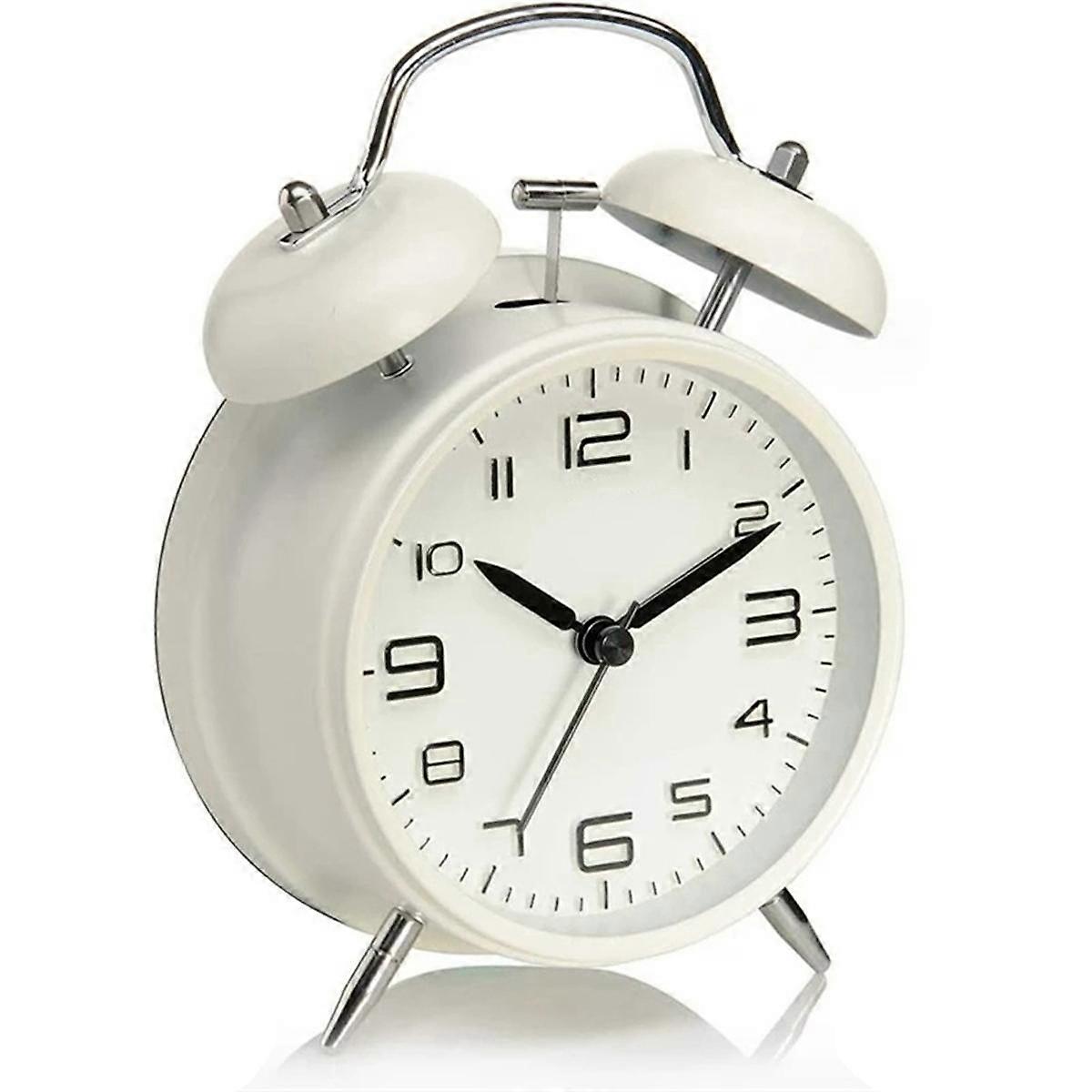 4 Inch Twin Bell Loud Alarm Clock Metal Frame 3D Dial with Backlight Battery Operate Desk Table Alarm Clock,White