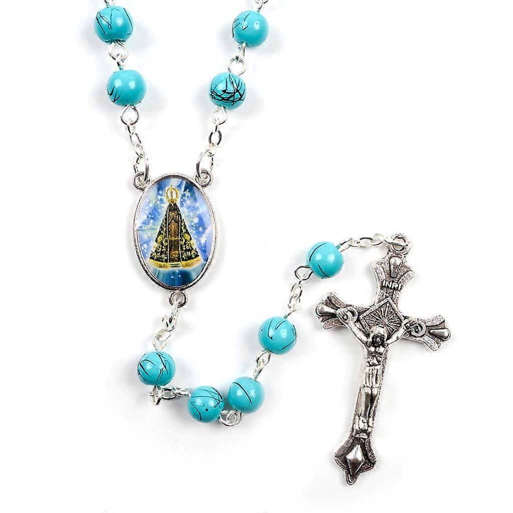 Mary Cross Pendant Necklace Rosary Round Glass Beads Necklace for Women