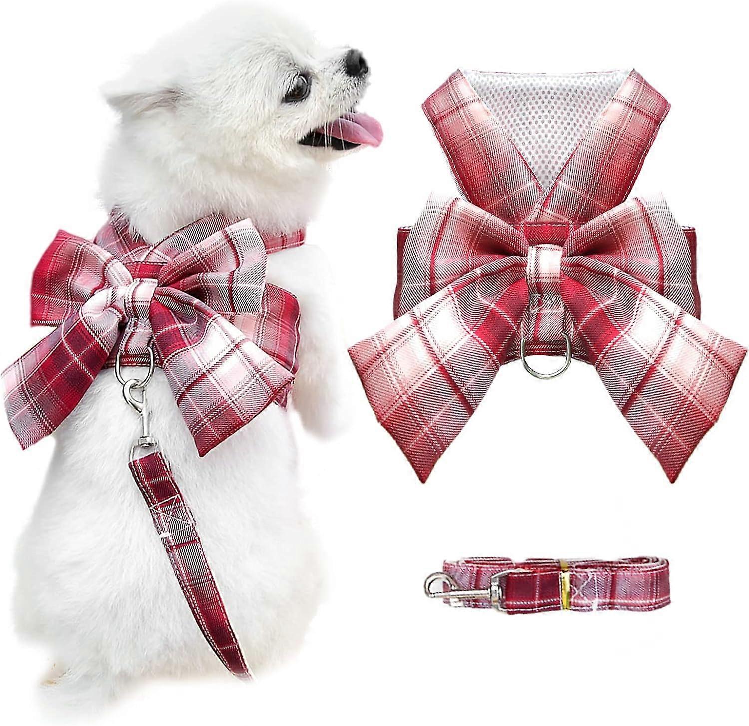 Dog Harness for Small Dogs with Bow Small Harness for Dogs with D-Ring Soft Mesh Adjustable Harness Set Puppy Pet Harness and Leash (Red L)