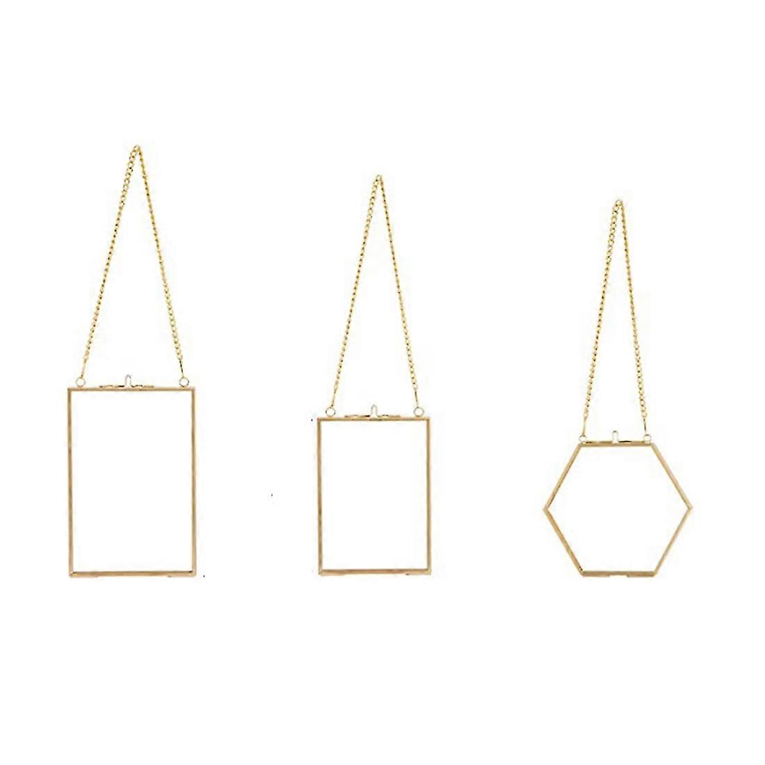 3 Packs Pressed Flowers Glass Frames- Golden Hanging Glass Picture Frames With Chain Floating Diy A