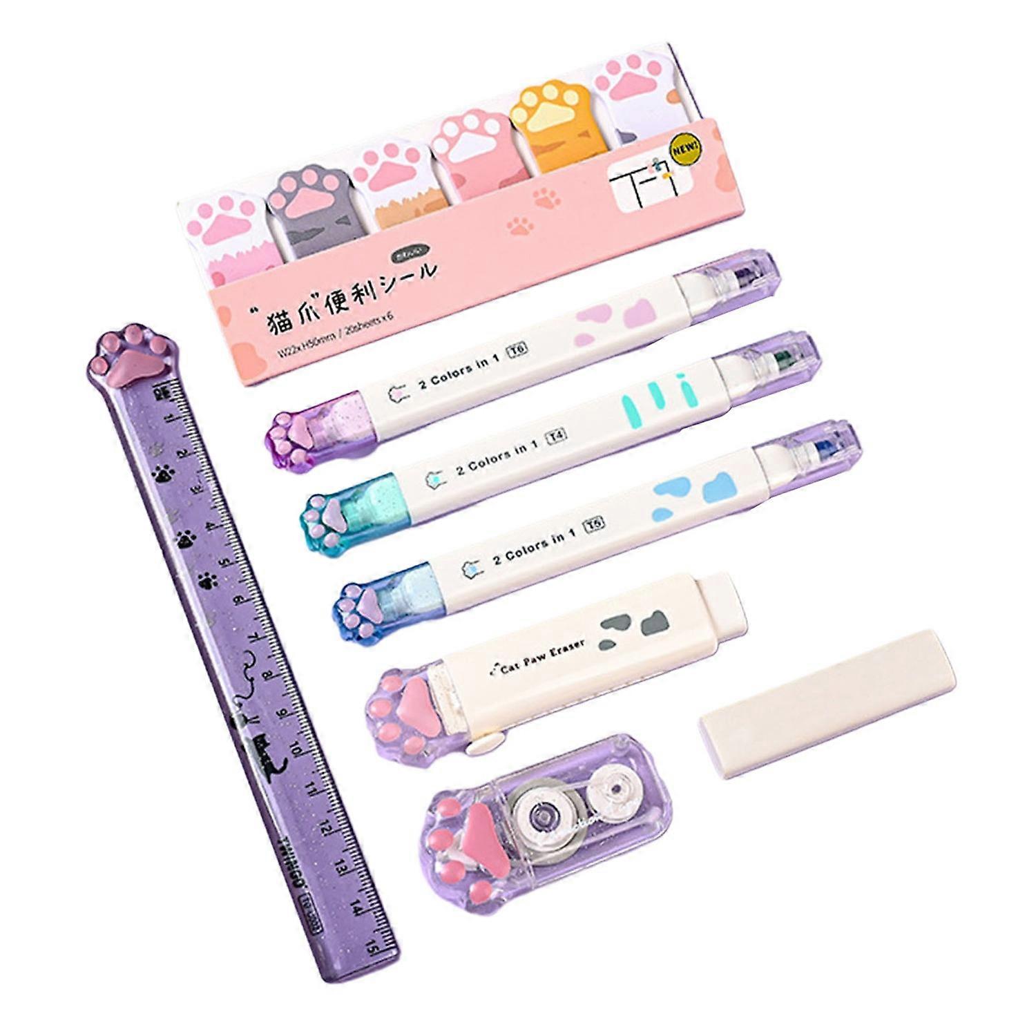 Cute Cat Paw Stationery Set with Eraser Correction Tape Highlighters Sticky Notes Ruler Pencil Box