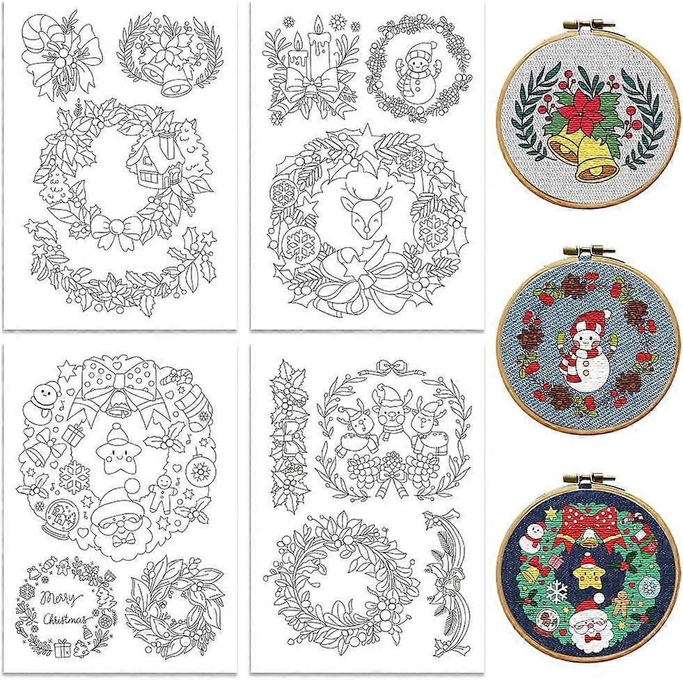Peacoblue Water Soluble Embroidery Patterns for Beginners Christmas Flower Wreath Reindeer 4 Sheets with 14pcs Wash Away Embroidery Pattern Stabilizer