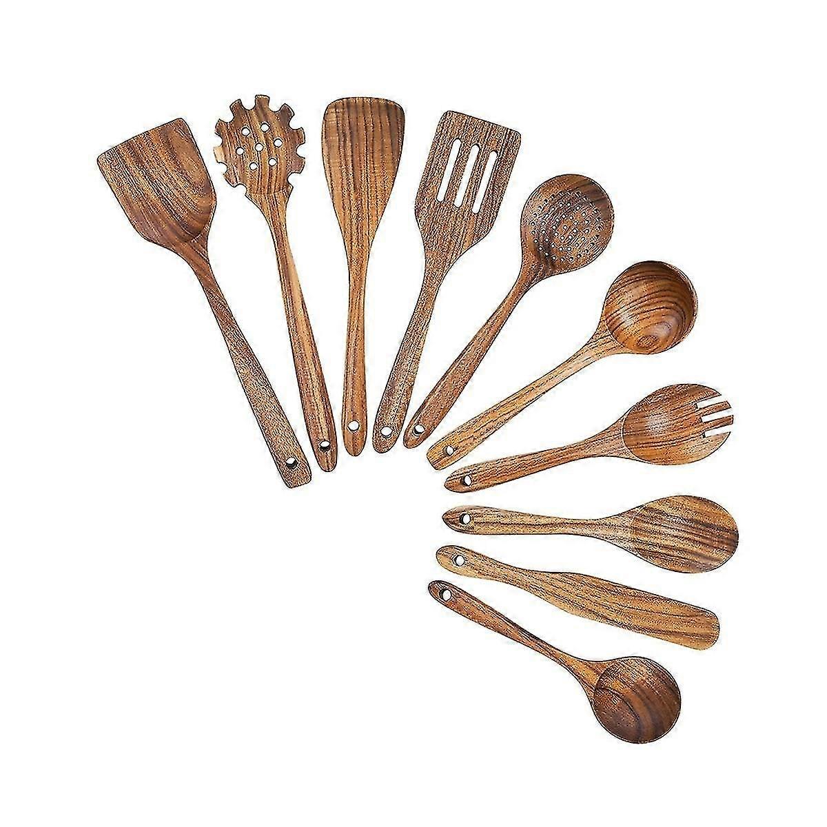 Wooden Cooking Utensils, Kitchen Utensils Set with Holder Teak Wood Spoons and Wooden Spatula for C