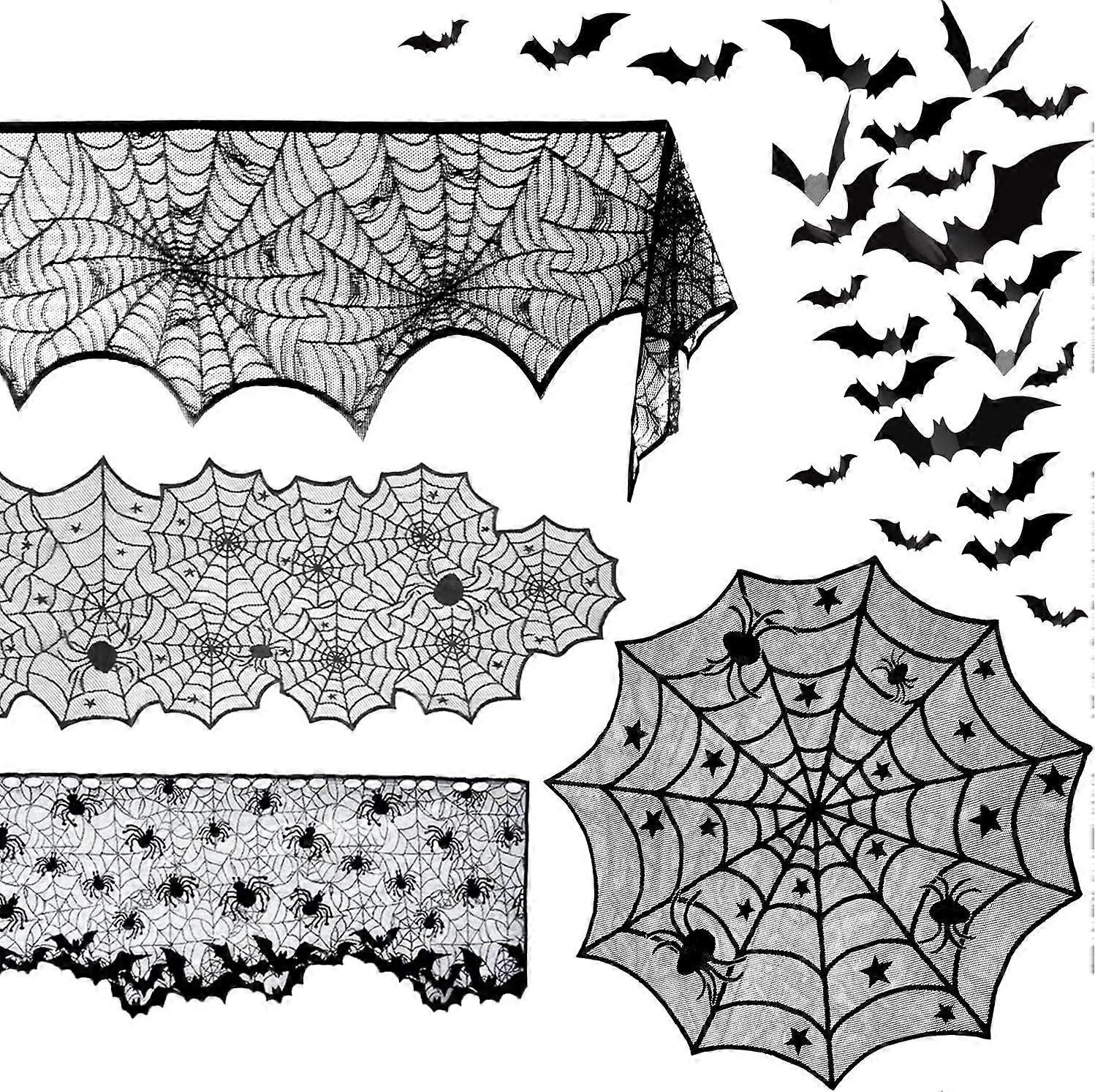 5 Pack Halloween Spider Decorations Sets -Halloween Fireplace Mantel Scarf & Round Table Cover & Lace Table Runner & Cobweb Lampshade & 36 pcs Scary 3