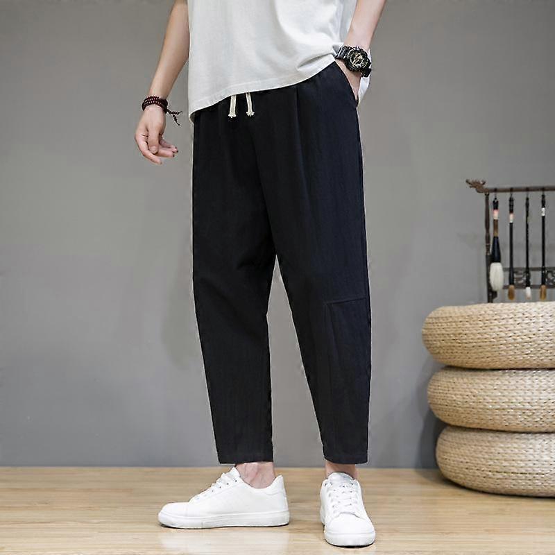Spring Chinese Style Men's Solid Color Cotton and Linen Loose Nine-point Pants Fashion Casual Sports Pants