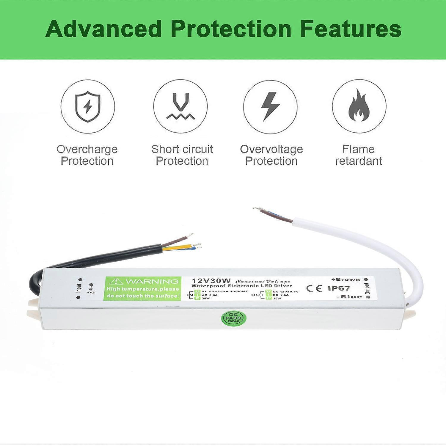 LED Driver Waterproof IP67 Switch Power Supply Transformer Adapter AC 90V-250V to DC 12V 30W Low Vol