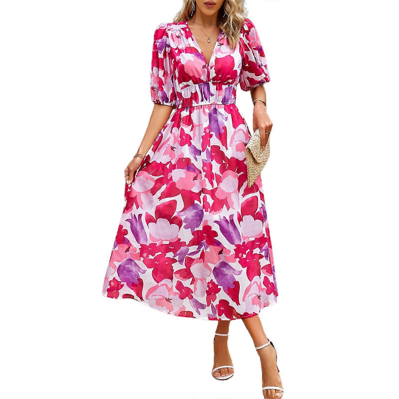 Pentru femei Boem Adânc V Decolteu O Linie Rochie Maxi Floral Imprimeu Smocked Wasit Flowy Rochie Lungă Vară Plaje Rochii Roșu XL