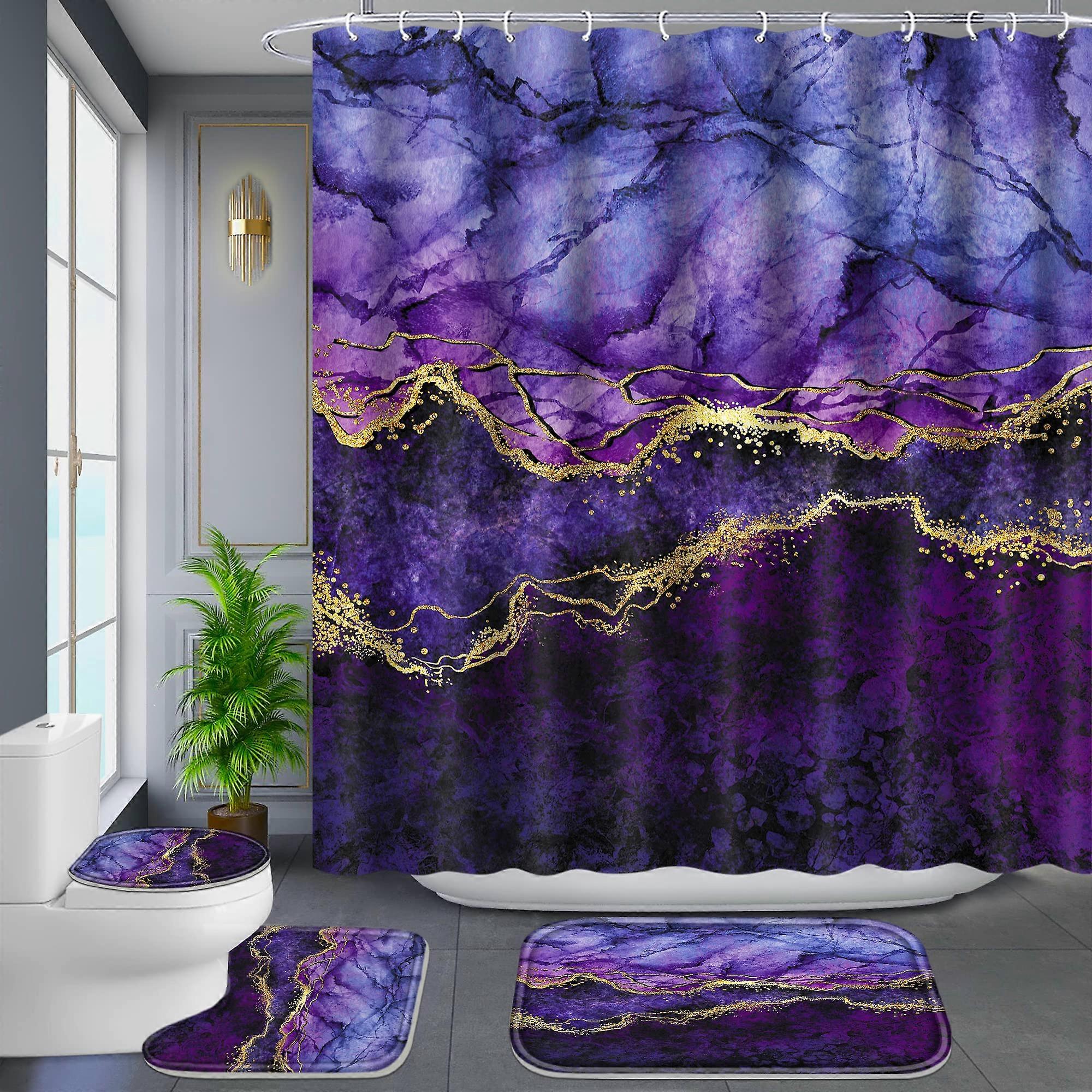 Shower Curtain Set 4-Piece Marble Pattern With Gold Edge For Bathroom And Shower