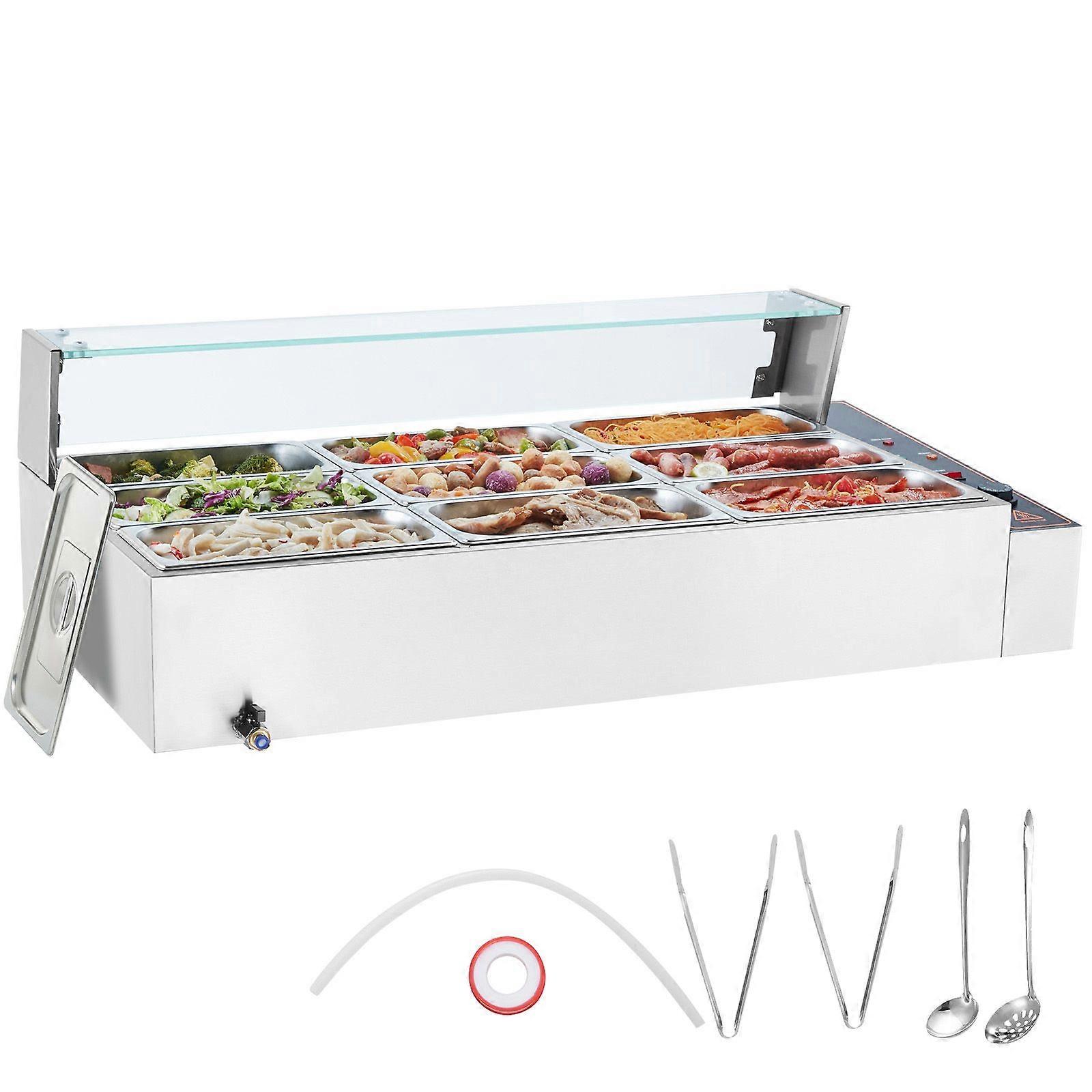 9-Pan Commercial Food Warmer, 9 x 5QT ηλεκτρικό τραπέζι ατμού, 1500W πάγκος από ανοξείδωτο ατσάλι, 86-185F Temp Control για τροφοδοσία, ασημί