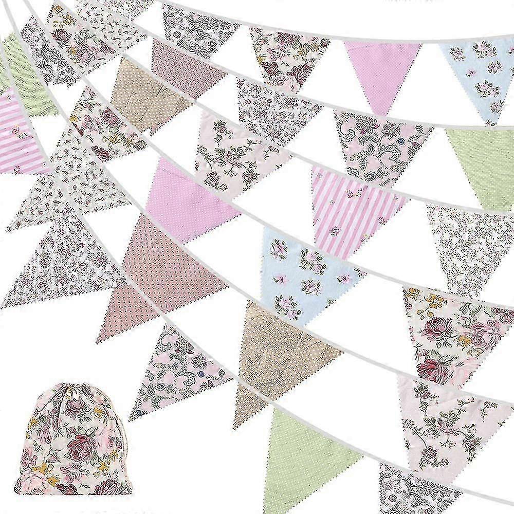 40ft Fabric Bunting, 42pcs Outdoor Bunting Banner,floral Vintage Cotton Triple-cornered Flag For Ga
