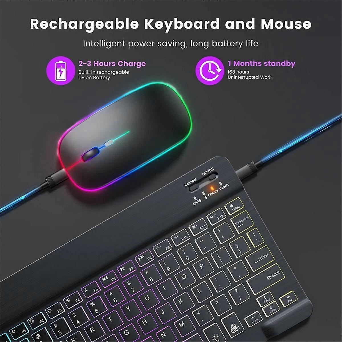 Clavier et souris sans fil 10 pouces, rétroéclairés RVB, rechargeables, noirs