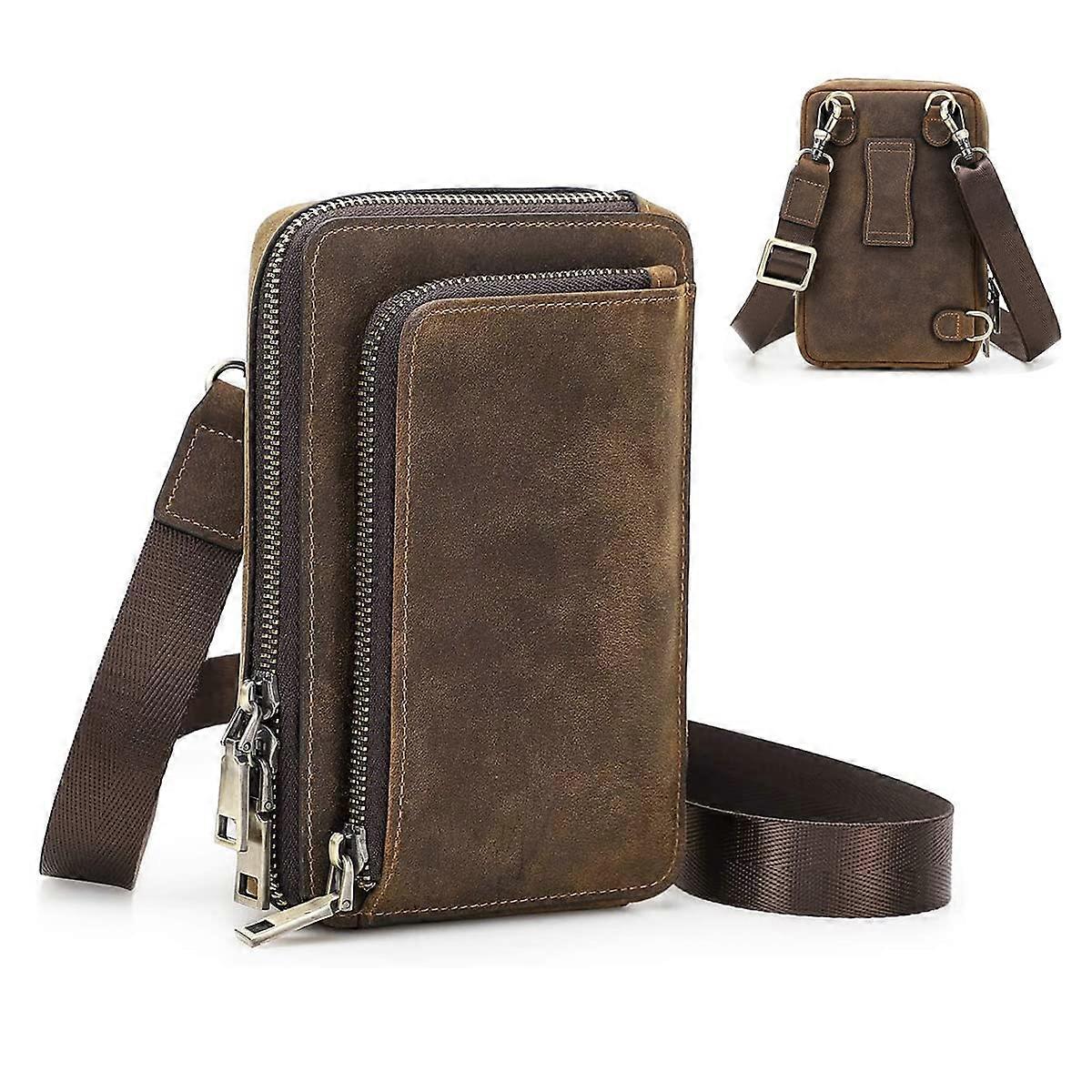 Small Retro Shoulder Crossbody Phone Bag for Men, Genuine Leather Messenger Bag with Adjustable Strap and Belt Loop, Mobile Wallet Pouch