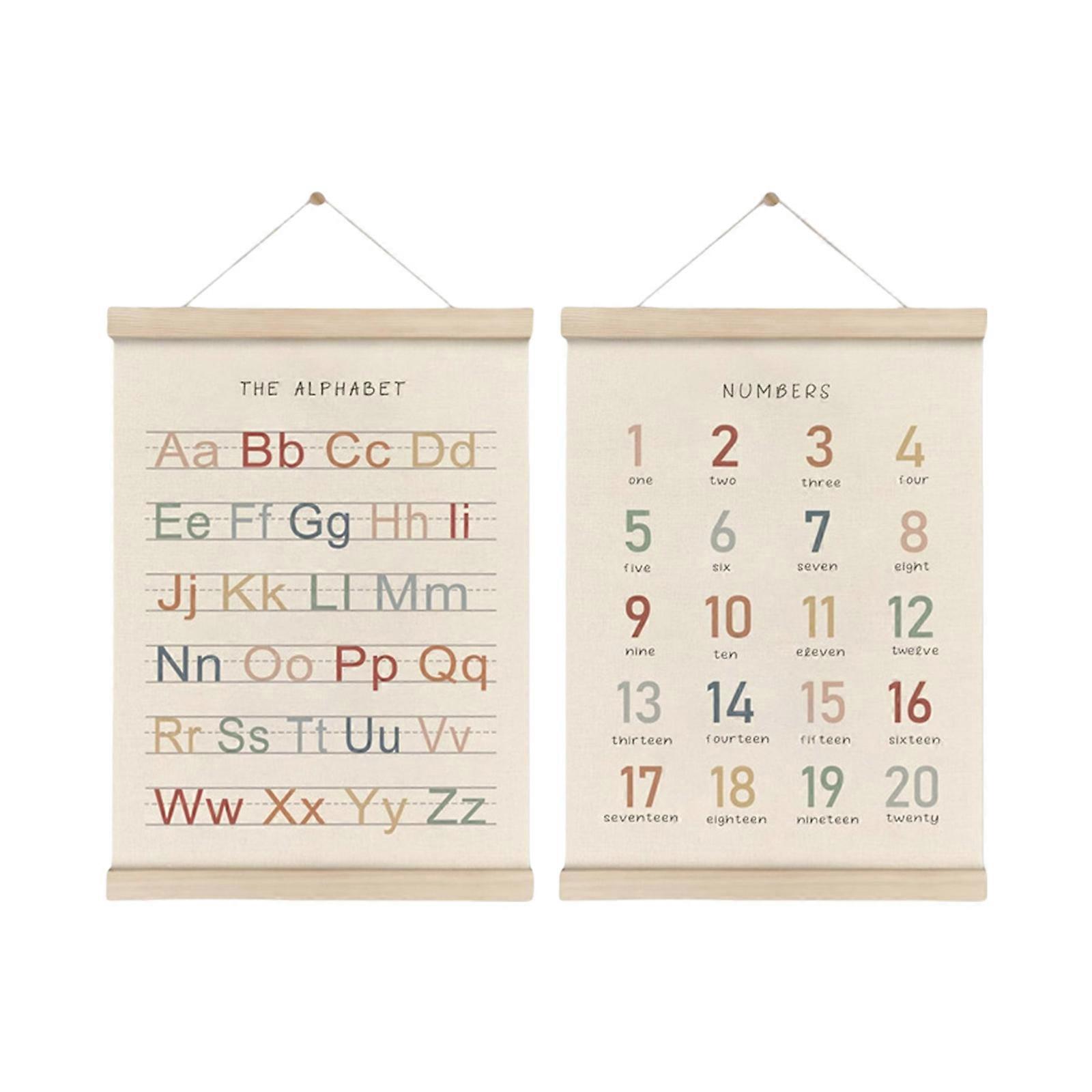Educational Wall Hanging Decors Set of 2 Alphabets and Number Poster Wood Hangers Frame Set for Kids Playroom Nursery
