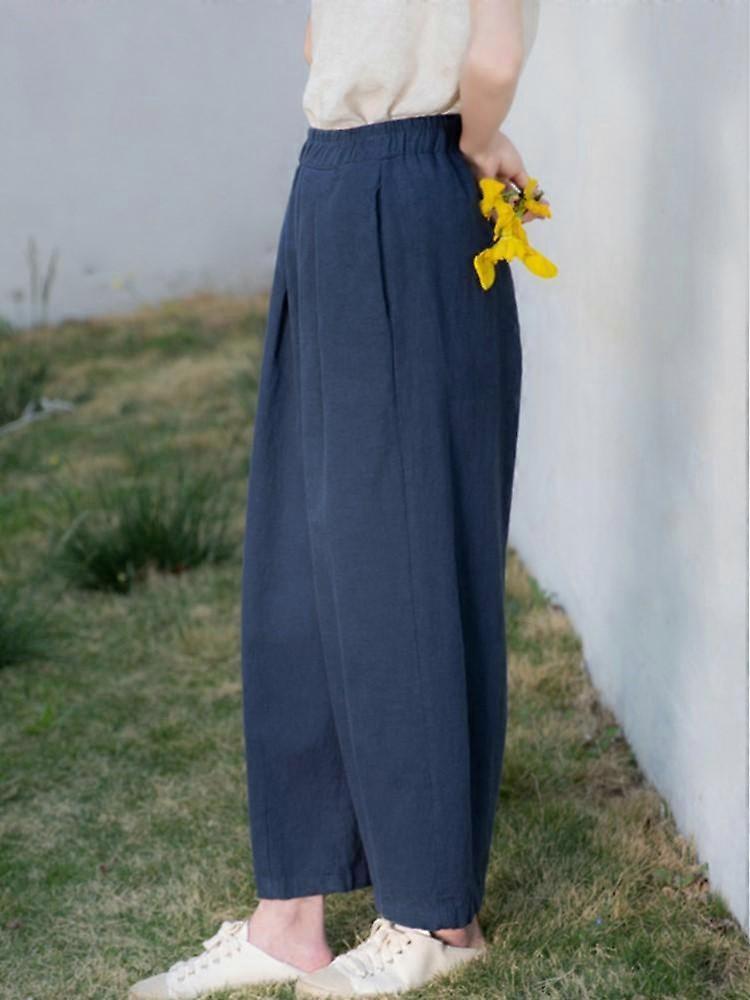 Johnature Women Vintage Linen Pants Elastic Waist Pockets Spring Solid Color Loose Trouser Female Casual Pants