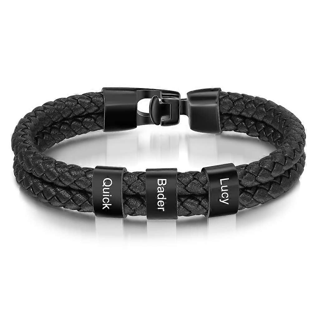 Men Name Bracelet with Custom Charm Beads Black Braid Bangle Engraved Names ID Bracelet for Dad