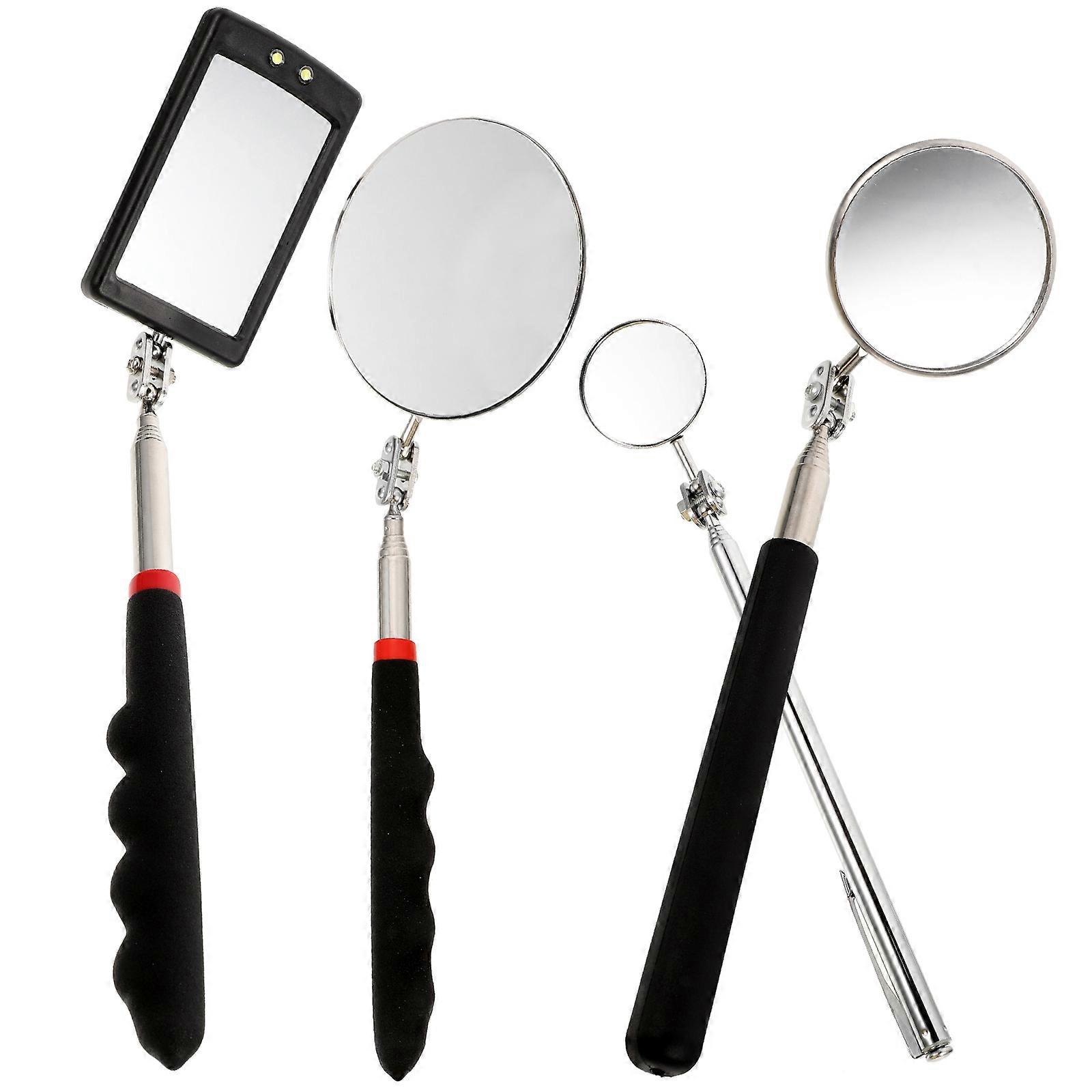 4Pcs Telescoping Inspection Mirror with LED Light, Extendable Rotatable Mechanic Mirror for Vehicle Maintenance with Comfortable Grip Handle for